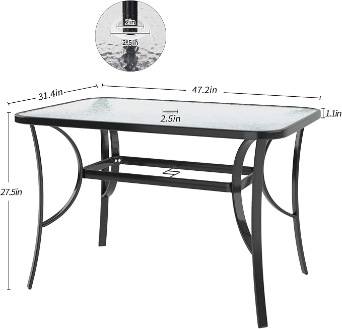 SDHYL 47 Inch Rectangle Tempered Glass Patio Dining Table Patio Table Coffee Table Dining Bistro Table, for Outdoor Garden Balcony Backyard Poolside Lawn, with Umbrella Hole, Black