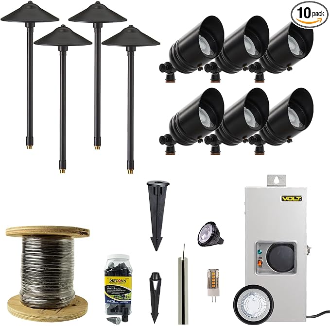 VOLT 12V LED Landscape Lighting Kit (6 Spotlights, 4 Path Lights), Black | Solid Brass, 150W Low Voltage Transformer Included, Ideal for House Yard Outdoor Pathway Walkway Garden Driveway or Patio