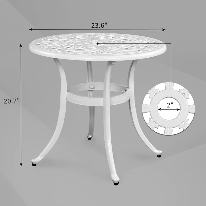 Outdoor Round Side Table with Classical Floral Design, 23.6” Aluminum Round Patio Table for Indoor & Outdoor Use, (White)