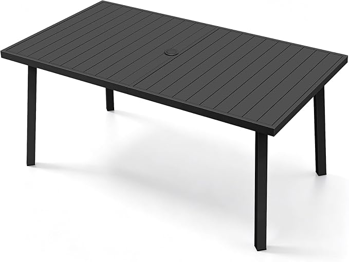 Never-Rust Aluminum Patio Dining Table, 63" x 35" Rectangular Outdoor Dining Table for 6, Outdoor Patio Table with Umbrella Hole for Poolside, Commercial, Porch, Deck, Black