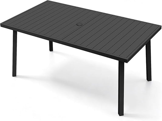 Never-Rust Aluminum Patio Dining Table, 63" x 35" Rectangular Outdoor Dining Table for 6, Outdoor Patio Table with Umbrella Hole for Poolside, Commercial, Porch, Deck, Black
