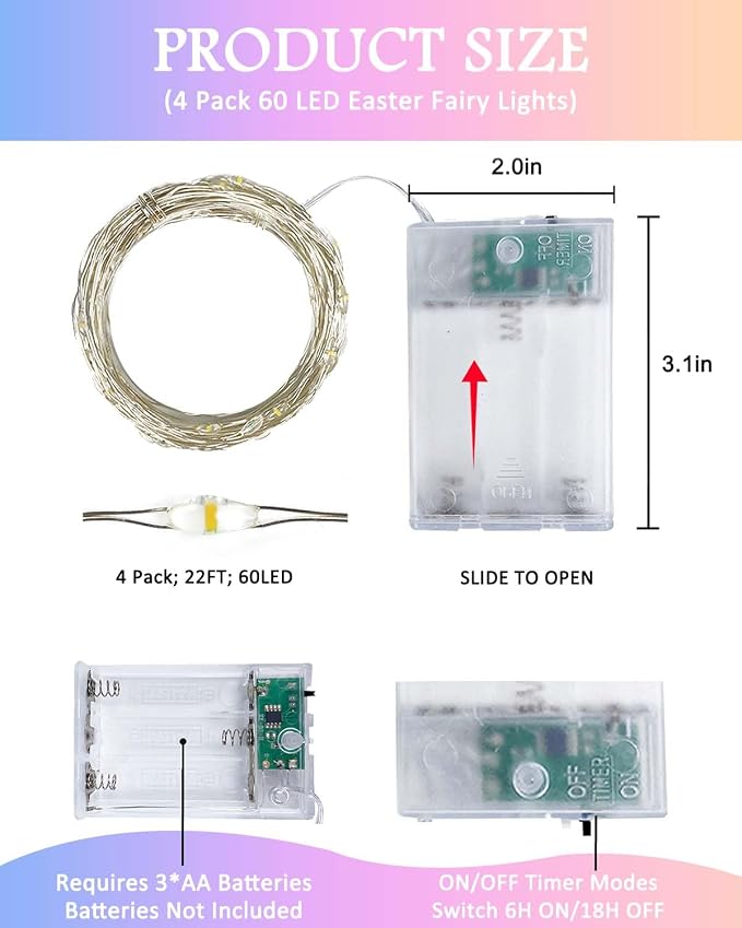 4 Pack 60 LED Fairy Lights Battery Operated with Timer, 20 FT Easter Lights | Cuttable Copper Wire, Waterproof Pastel Battery String Lights for Indoor Outdoor, Bedroom, DIY, Spring Easter Decorations