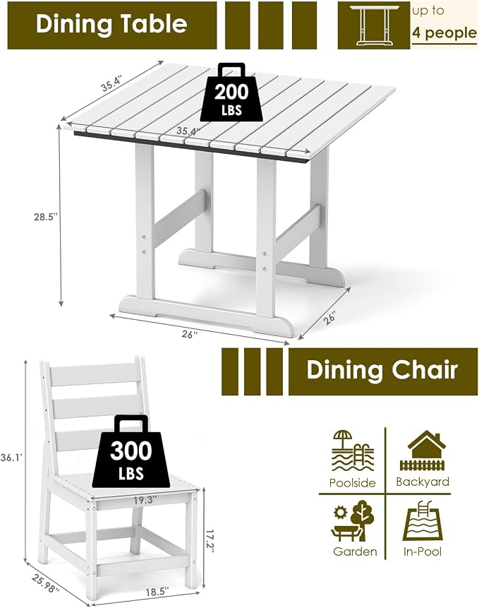 GREENVINES 5-Piece-Outdoor-Dining-Set | HDPE | Square | Patio Furniture | All Weather | Armless Chair | Slatted Table and Chairs Sets for 4 | for Backyard Poolside Garden | White