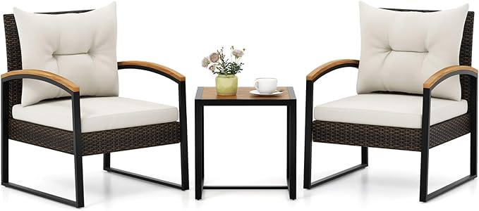 HAPPYGRILL 3 Pieces Patio Wicker Conversation Set with Acacia Wood Table, Outdoor PE Rattan Furniture Set for Poolside Backyard Lawn Garden