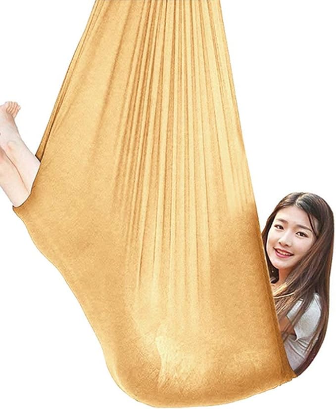 360° Rotating Elastic Aerial Yoga Hammock Outdoor Indoor Swings Aerial Yoga Sensory Therapy Cuddle Swing Soft Elastic Parcel Steady Seat Swing (Color : Gold, Size : 150x280cm)