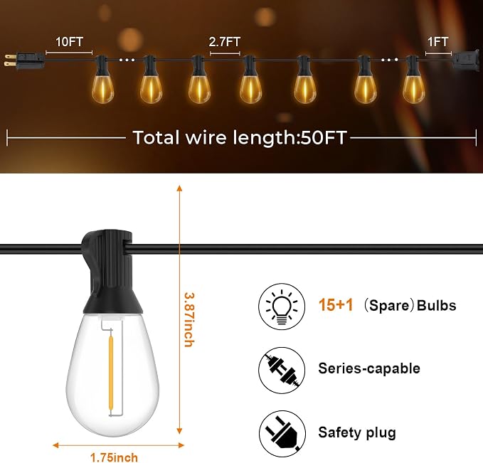 GvvooHome 50FT LED Outdoor String Lights with 16 Shatterproof Waterproof Replaceable Bulbs(1 Spare), 2700K Commercial Grade Patio Lights, Outside Hanging Light for Yard Garden Porch Deck Decor
