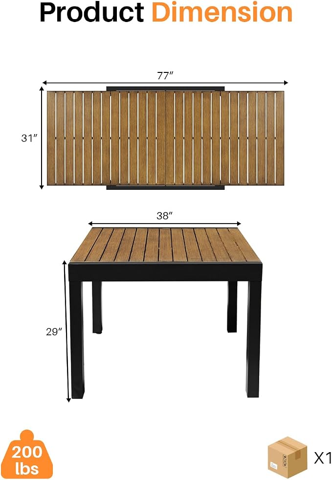Expandable Patio Dining Table, Never-Rust Aluminum Extendable Outdoor Dining Table for 4-8 Person, 38"-77" Adjustable Indoor Outdoor Expandable Patio Table for Garden, Porch, Deck, Teak