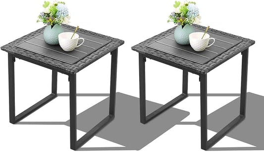 Wicker Outdoor Side Table for Patio Set of 2, 2 PCS Square Rattan Outdoor End Tables for Outside Porch Lawn Garden Balcony Pool Bistro, Black