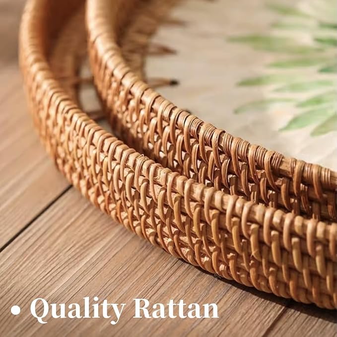 Small Rattan Side Table/Round Coffee Table for Small Spaces, Mini Modern Coffee Table with Shell Design Tray, Outdoor End Tables for Patio, Boho Nightstand for Bedroom or Living Room