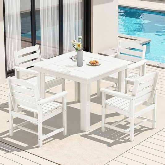 KINGYES 5-Piece HDPE Outdoor Dining Set for 4, Square Patio Table & Armchairs with Umbrella Hole, All-Weather Patio Dining Set for Backyard, Garden, Lawn & Poolside, White