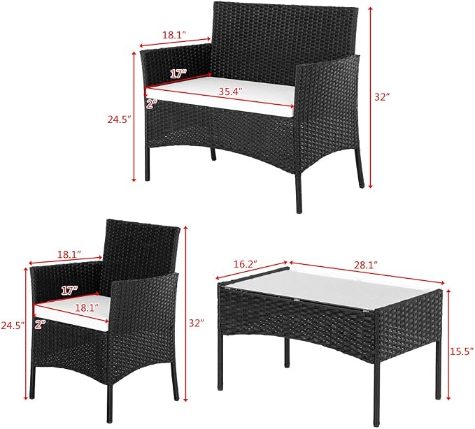 4 Piece Outdoor Patio Furniture Set, Wicker Rattan Patio Conversation Set with Loveseat Soft Cushion and Coffee Table for Garden, Backyard, Balcony, Porch, Yard and Poolside, Black