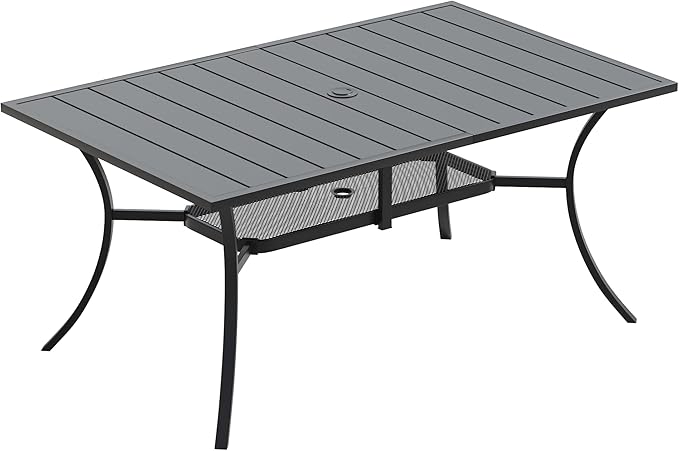 VICLLAX Rectangle Patio Dining Table for 6 Person, Outdoor Metal Steel Slat Table with Umbrella Hole for Patio, Lawn, Garden, Porch, Black