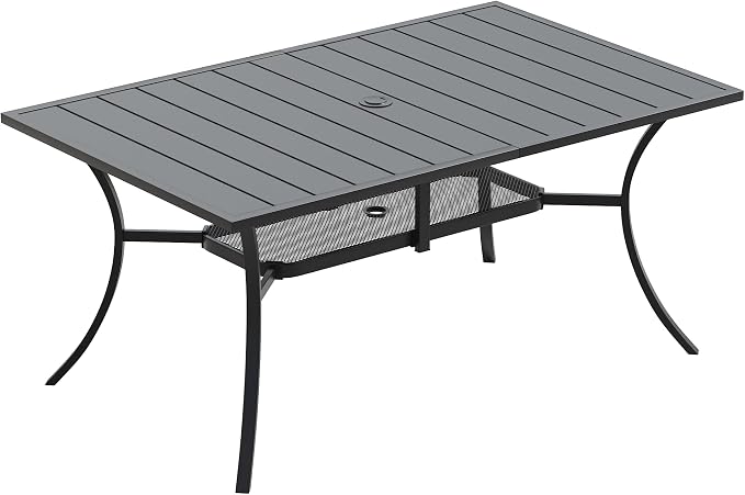 VICLLAX 59" Rectangle Patio Dining Table for 6 Person, Outdoor Metal Slat Table with Umbrella Hole for Porch Backyard Garden Deck, Porch, Black