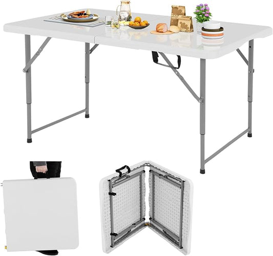 Dkeli Folding Table 4 ft | Portable Plastic Picnic Table | Adjustable Height Heavy Duty Dining Folding Table for Indoor Outdoor Camping, Party | Fold in Half with Handle and Steel Legs - White