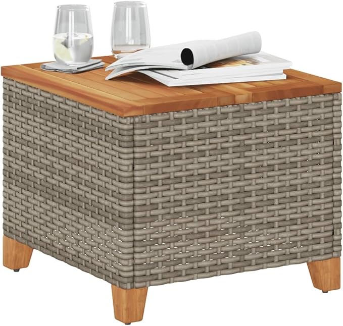 Outdoor Side Table, Square Garden Table with Synthetic Poly Rattan, Compact 17.7 x 17.7 x 14.6 Inch Patio End Table for Balcony, Terrace, and Indoor Use, Gray and Brown
