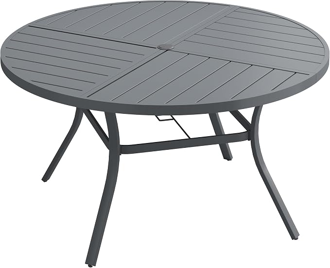 53.1" Outdoor Dining Table with Adjustable Umbrella Hole, Metal Slatted Round Patio Dining Table for Backyard Garden Deck, Dark Grey