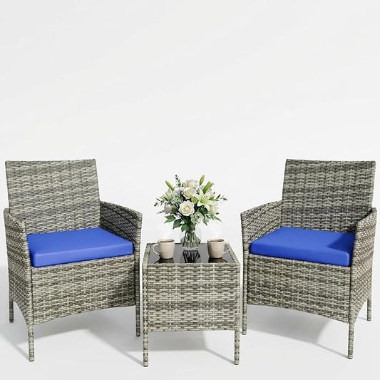 3 Piece Outdoor Patio Furniture Set, All-Weather PE Rattan Wicker Chairs with Waterproof Cushions & Tempered Glass Side Table, Modern Conversation Set for Garden, Backyard, Porch, Poolside, Gray/Blue