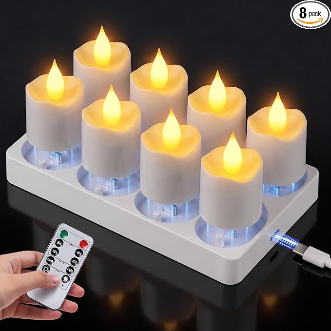 TOWPONICS Flickering Flameless Candles with Remote Timer & Charging Base | 8 Pack LED Rechargeable Votive Candles, Battery Operated Tea Lights for Home, Wedding, Party, Halloween, Christmas Decor