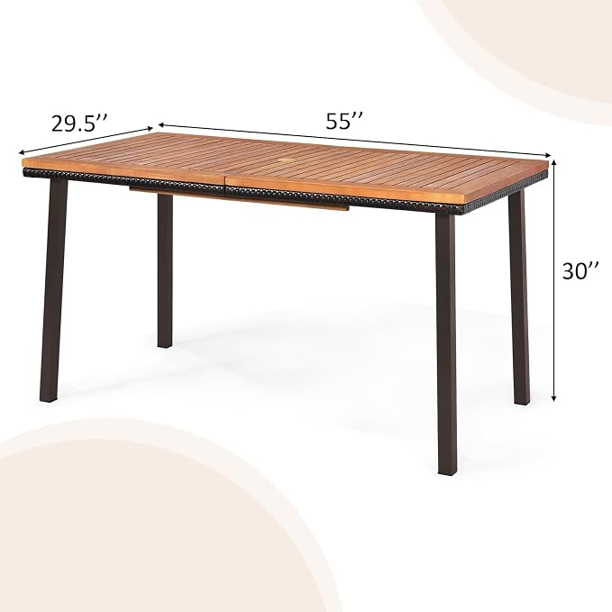 SlickBlue 55" Outdoor Acacia Dining Table with Umbrella Hole for Garden Patio