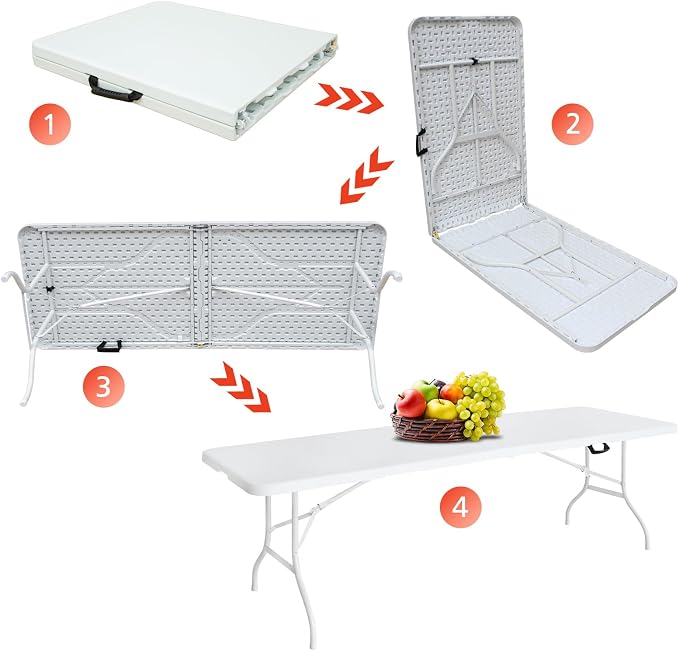 Portable 8Ft Folding Table, Heavy Duty Plastic Fold-in-Half Utility Foldable Dining Table, Multi-Purpose Plastic Folding Table with Carrying Handle for Camping and Party Indoor/Outdoor (White)