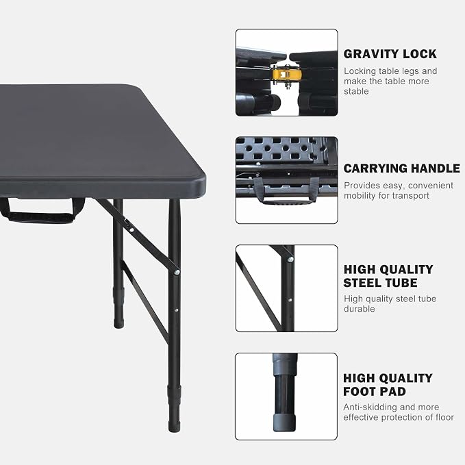 Anwick 4 Foot Folding Table Portable Fold-in-Half Plastic Picnic Table w/Handle and Steel Legs for Indoor, Outdoor, Camping, Party, Garden (Black, 4ft)