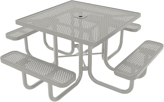 COATEDOUTDOORFURNITURE Heavy-Duty Portable Outdoor Picnic Table with Umbrella Hole, Punched Steel Commercial-Grade Patio Furniture Made in America (46" Square Top, Grey with Grey Frames)