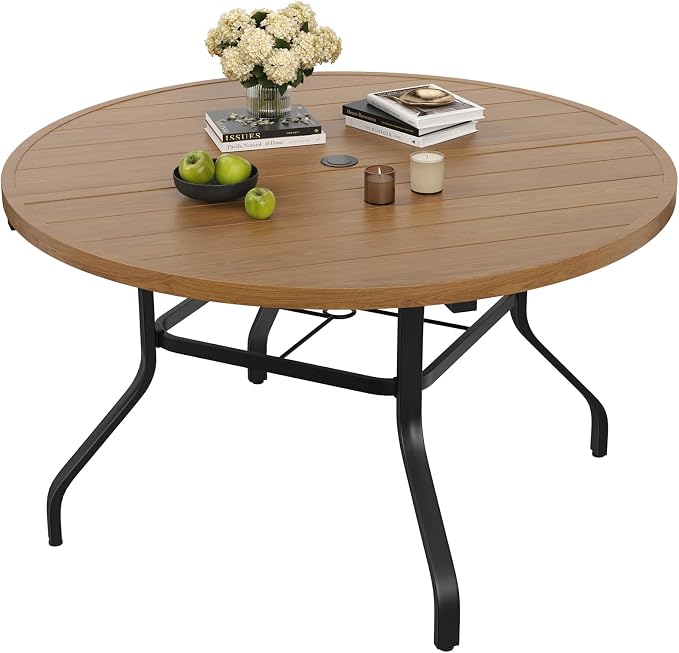 Soohow Round Outdoor Patio Dining Table, 47" Round Patio Table Wood-Like Grain with 1.57" Umbrella Hole, Metal Outdoor Dining Tables for Backyard and Poolside