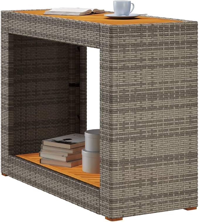 Patio Side Table with Wooden Top Gray 39.4"x15.7"x29.5" Outdoor Furniture Poly Rattan Side Tables for Patio, Garden, Backyard, Stable and Durable, Easy to Clean, Modern Design