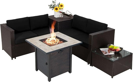 Tangkula 5-Piece Patio Furniture Set with 30 Inches Gas Fire Pit Table, Outdoor Wicker Conversation Sectional Sofa Set with Storage Box and Coffee Table, 50,000 BTU Propane Fire Pit Table (Black)