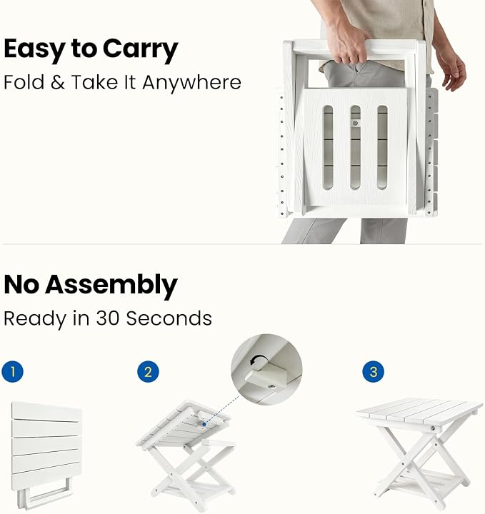 Folding Outdoor Side Table, 2-Tier Storage Heavy Duty HDPE Patio End Table | No Assembly, Weather Resistant, Wood-grain Texture, Easy to Clean, White Porch table
