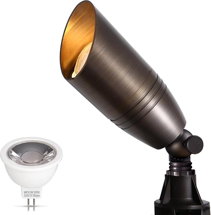 Solid Brass Outdoor Landscape Spotlight, 12V LED Low Voltage Spot Light for Garden and Yard Uplighting, Classic Bronze Heavy Duty Accent Lighting Fixture with 2700K MR16 Bulb, Single