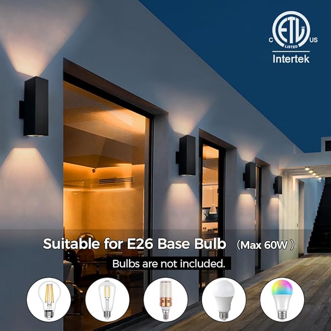13" Black Square Outdoor Light Fixture,Up and Down Lights Outdoor | E26 Base,ETL listed,Aluminum Modern Outdoor Wall Lights Porch Light Exterior Lighting Fixtures for House Garage Patio Garden