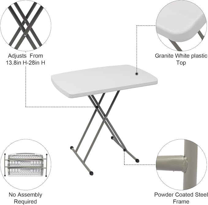 Outvita Folding Table, Indoor Outdoor Dinner Table with X Legs and Hard Plastics Tabletop 13" to 28" Adjustable Height White
