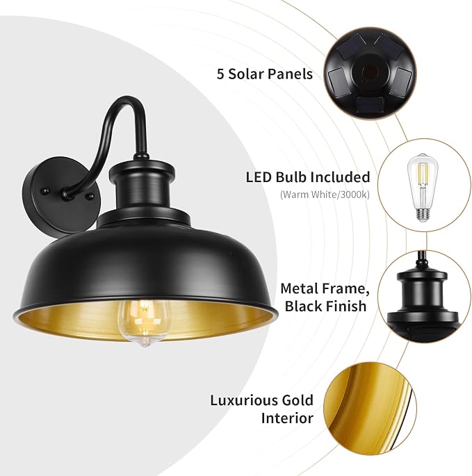 Solar Barn Lights for Outside, Outdoor Wall Light Solar Powered, Farmhouse Exterior Wall Sconces, Industrial Outside Lighting Fixture, Rustic Lanterns Work with Gooseneck Barn Shed Coop Patio
