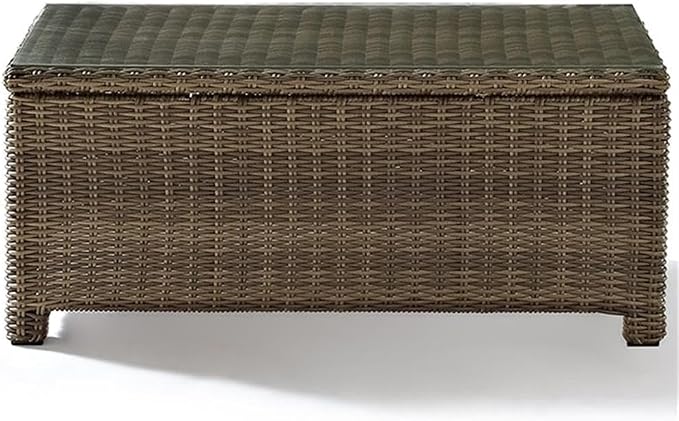 Pemberly Row 40" Glass Top Patio Coffee Table, Brown Finish, Durable Steel Frame with PE Wicker, UV-Resistant Outdoor Resin, Weather-Resistant Design, Stylish Addition to Backyard or Patio