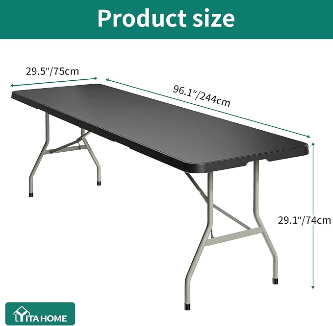 YITAHOME 8FT Heavy Duty Folding Table for Indoors & Outdoors Use, Versatile Rectangle Folding Table with Carrying Handle for Camping, Picnics, Parties, and Events, Black