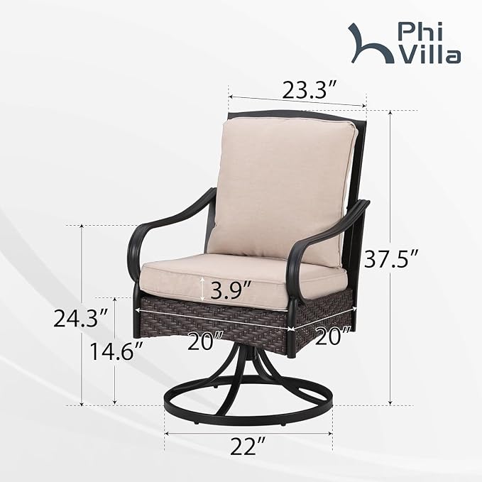 PHI VILLA Swivel Patio Dining Chairs Wicker Chairs Set of 4 with Cushions | Heavy Duty Outdoor Metal Wicker Dining Chair with Padded Cushions, Large All Weather Wrought Iron Patio Chair for Balcony