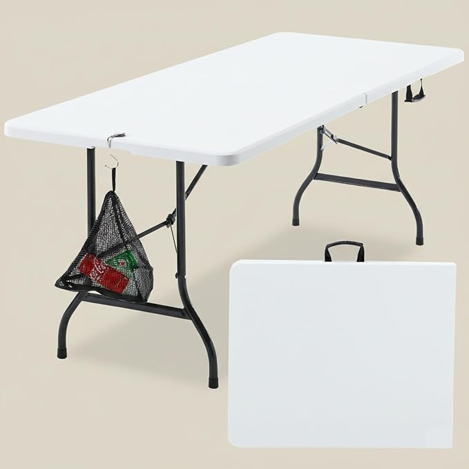 VECELO 6Ft Folding Picnic Table,Indoor Outdoor Plastic Portable Foldable Desk with Handle, Mesh Trash Bag&Lock Legs Heavy Duty for Camping, Dining, Party, White