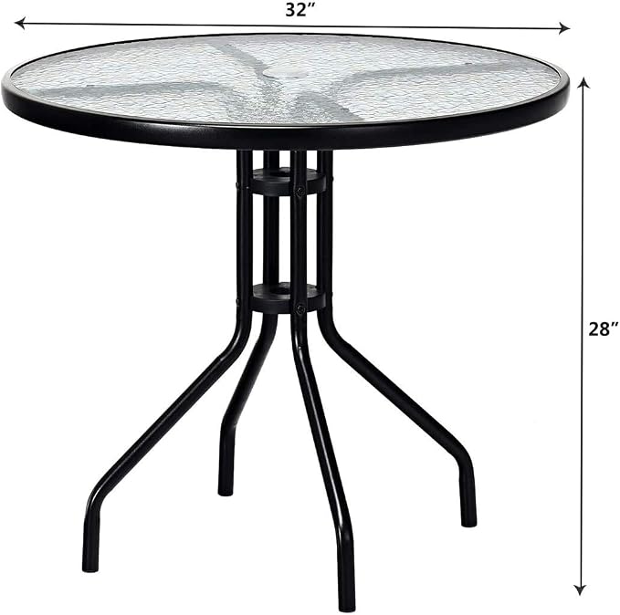 S AFSTAR Outdoor Bistro Table, Tempered Glass Patio Table with Convenient Umbrella Hole, Outside Dining Table, Round Patio Bistro Table for Deck Balcony Lawn Pool Backyard, 28”H x 32” D (Black)
