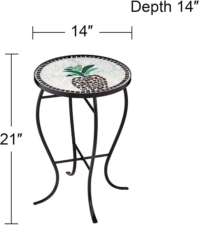 Teal Island Designs Beige Pineapple Modern Black Metal Round Outdoor Accent Side Table 14" Wide Black Glass Mosaic Tabletop Gracefully Curved Legs for Front Porch Patio Home House Balcony Deck Shed