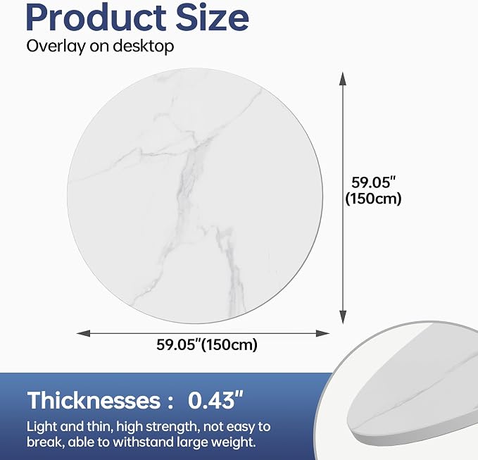 Round Sintered Stone Table Top, 59" White Marble Desktop, DIY Replacement & Cover, Scratch & Wear Resistant, Easy to Clean, Suitable for Indoor & Outdoor