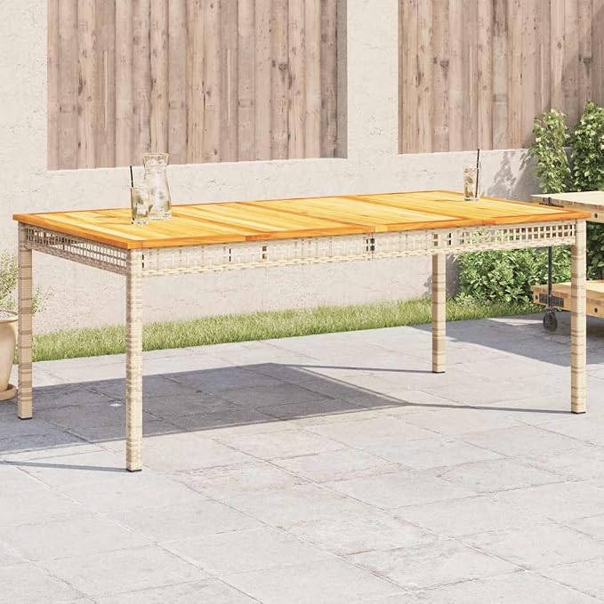 Beige Patio Table 70.9"x35.4"x29.5" with Acacia Wood Top and Poly Rattan Base for Garden, Backyard