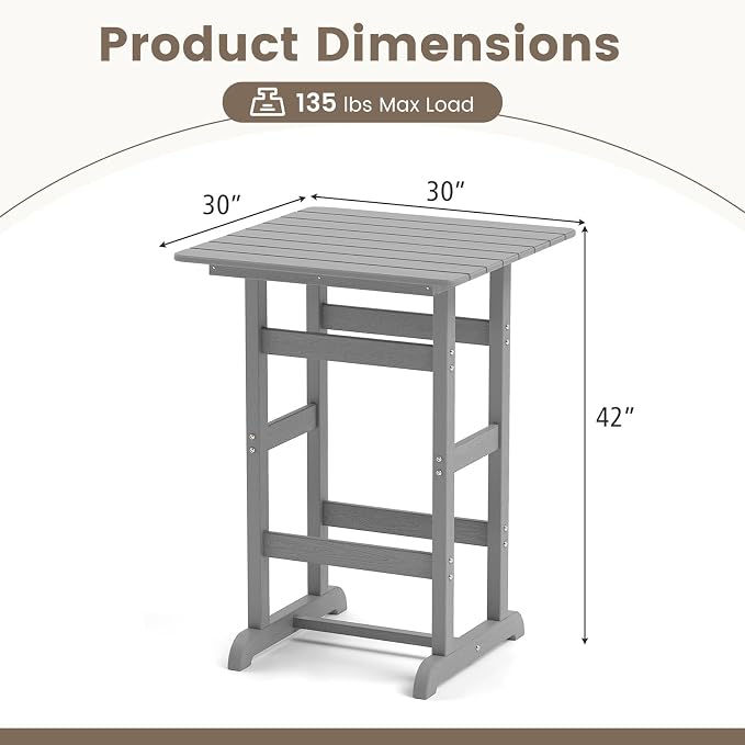 Tangkula 30" x 30" Square Bar Table, Patio HDPE Bar Height Dining Table w/Slatted Tabletop, Outdoor All-Weather High-Top Bistro Table for Poolside, Backyard, Balcony