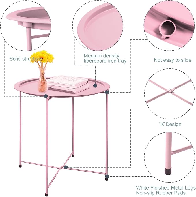 Garden 4 you End Table 2 PCS Metal Side Table Pink Round Folding Tray Cyan Sofa Small Accent Fold-able Table, Round End Table Tray, Next to Sofa Table, Snack Table for Living Room and Bed Room