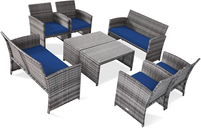 Outdoor Conversation Set, 8 Pieces Wicker Patio Chair Set with Ergonomic Curved Design, Water-Resistant Cushion & Tempered Glass Table for Balcony,Porch(Navy Blue)