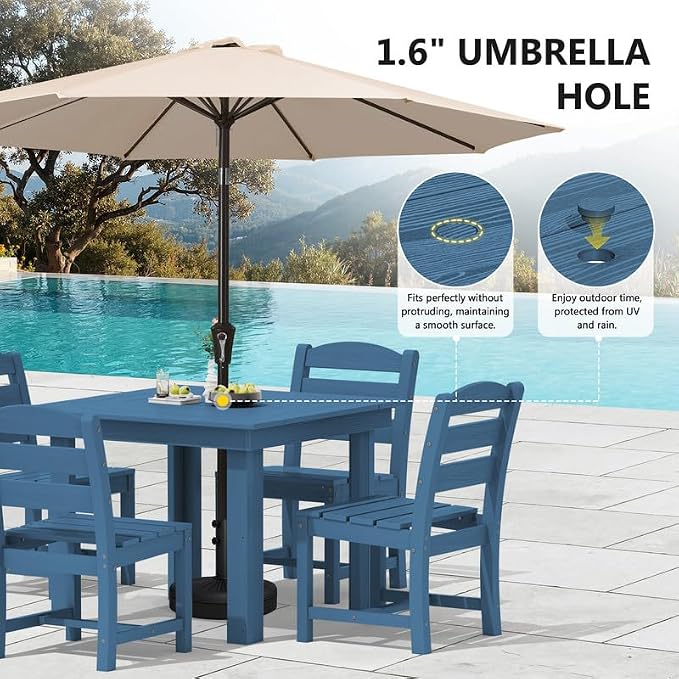 KINGYES 5-Piece HDPE Outdoor Dining Set for 4, Square Patio Table & Armless Chairs with Umbrella Hole, All-Weather Patio Dining Set for Backyard, Garden, Lawn & Poolside, Blue