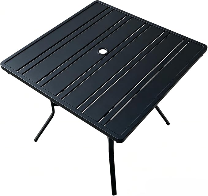 4-Seat Small Metal Square Outdoor Table with Umbrella Hole, Weather-Resistant Black Patio Dining Table for Backyard, Compact Sturdy Table with Slatted Top for Porch & Poolside