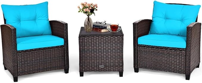 3PCS Patio Rattan Furniture Set Cushioned Conversation Sofa Coffee Table for Your Outdoor Space(D)