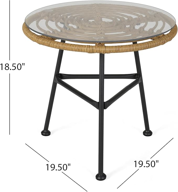 Penau Outdoor Round Faux Rattan Side Table with Tempered Glass Top, Steel Frame, Light Brown, 19.5 x 19.5 x 18.5 Inchs, Modern Balcony Porch Deck End Table