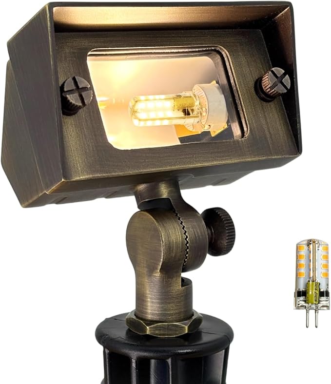 COLOER Brass Small Rectangular Flood Lights Outdoor with 3W 2700K Warm White LED G4 Bulb, 12V Low Voltage Landscape Outside Lights for House Illuminating Signs, Walls and Plant Material
